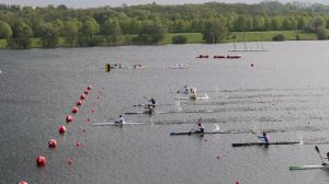 Arrivée de la finale A des K1 homme senior avec la victoire du boulonais Maxime Beaumont devant Sebastien Jouve (Rouen) et Arnaud Hybois (Baud)